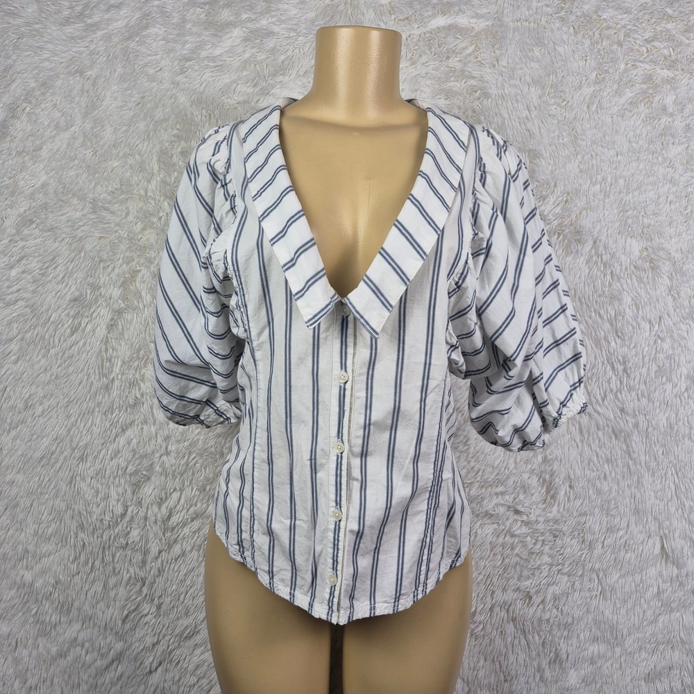 Free People Striped Puff Sleeve‎ V-Neck Tie Back Blouse White Blue Sz M Nautical